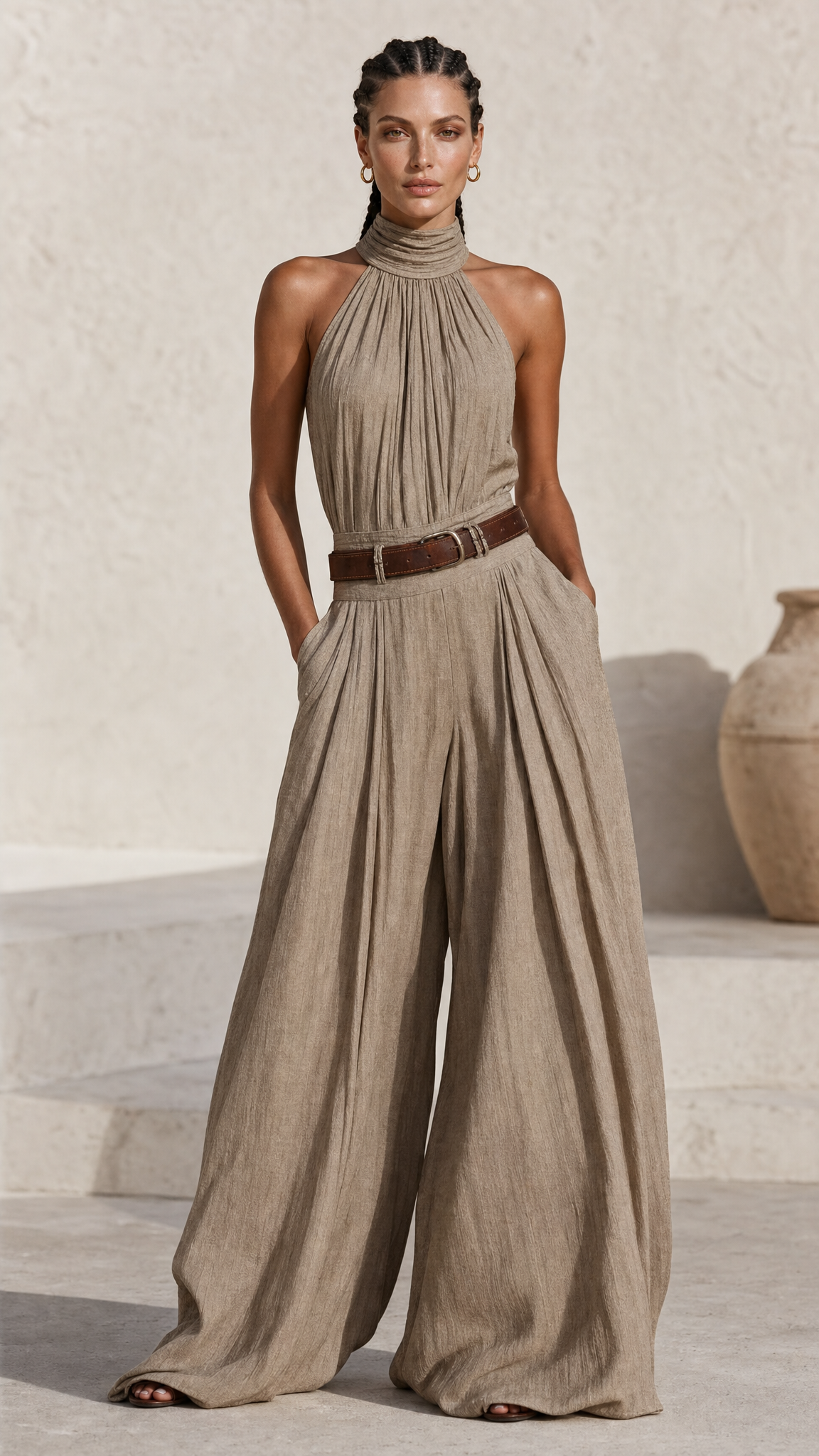 Conjunto Roma™ mono de lino caqui - modelo de frente